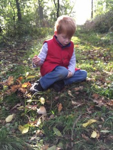 young boy sitting on woodland floor