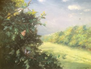 butterflies in painting of country scene
