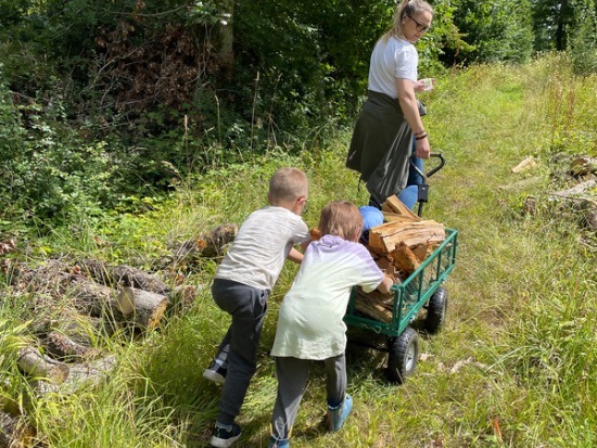 two boys pushing trolley