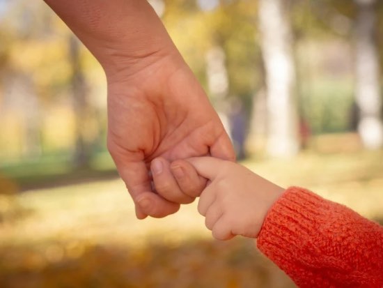 adult holding finger of child